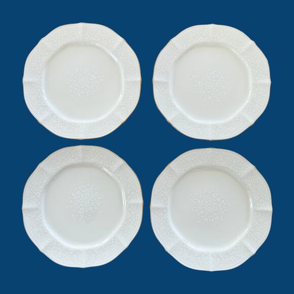 Noritake Chandon Bread Plates (4) 7306 White Floral on Ivory China Gold Trim LN